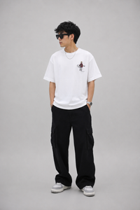 Men's Oversized White Graphic T-Shirt with Cartoon Bear Embroidery