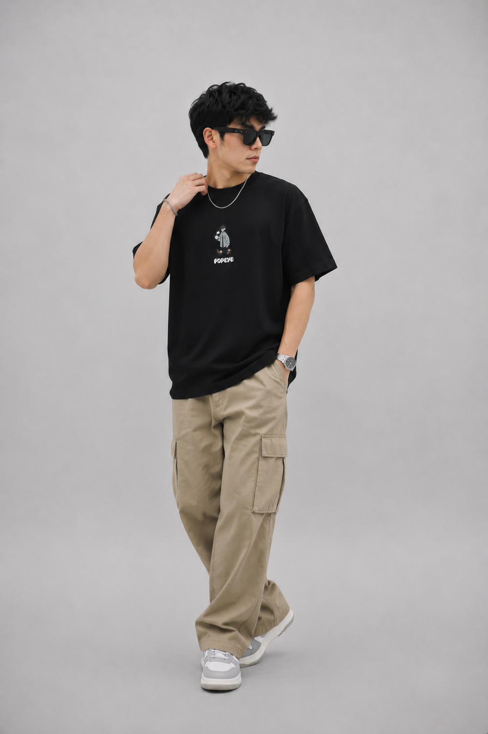 Men's Oversized Black Cartoon Popeye T-Shirt