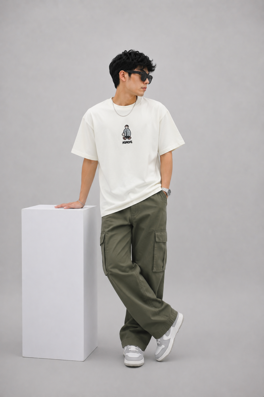 Men's Oversized OFF-WHITE Cartoon Popeye T-Shirt