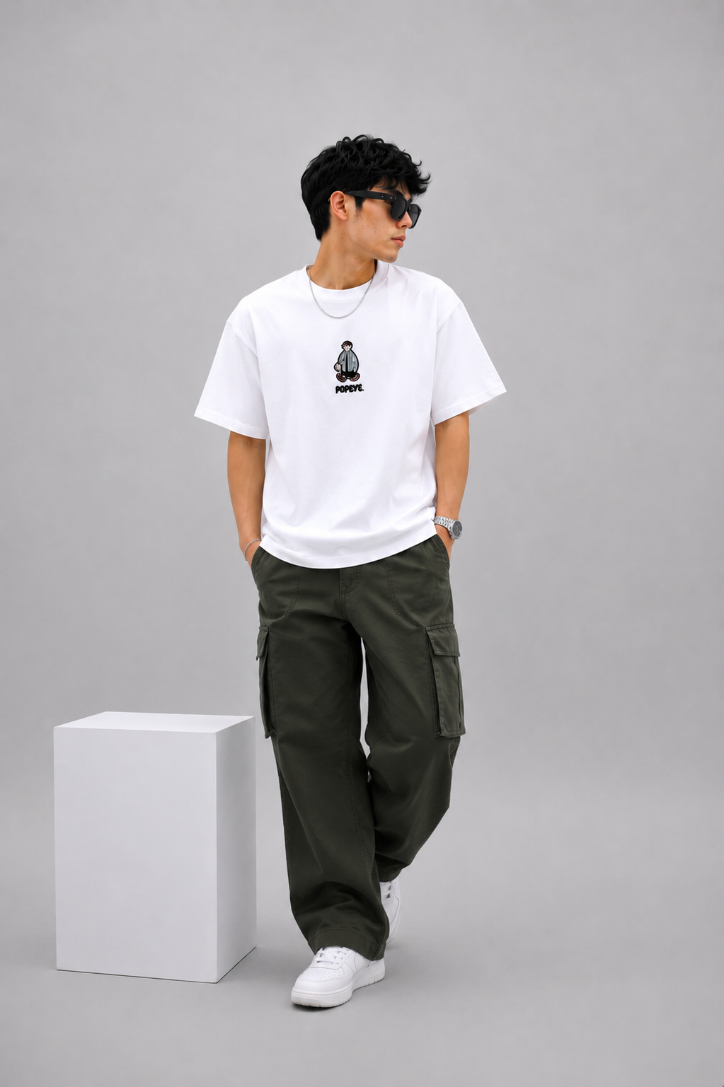 Men's Oversized White Cartoon Popeye T-Shirt