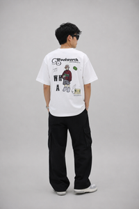 Men's Oversized White Graphic T-Shirt with Cartoon Bear Embroidery