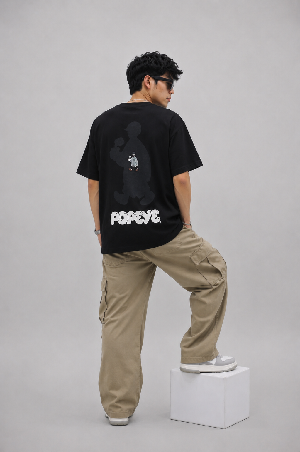 Men's Oversized Black Cartoon Popeye T-Shirt