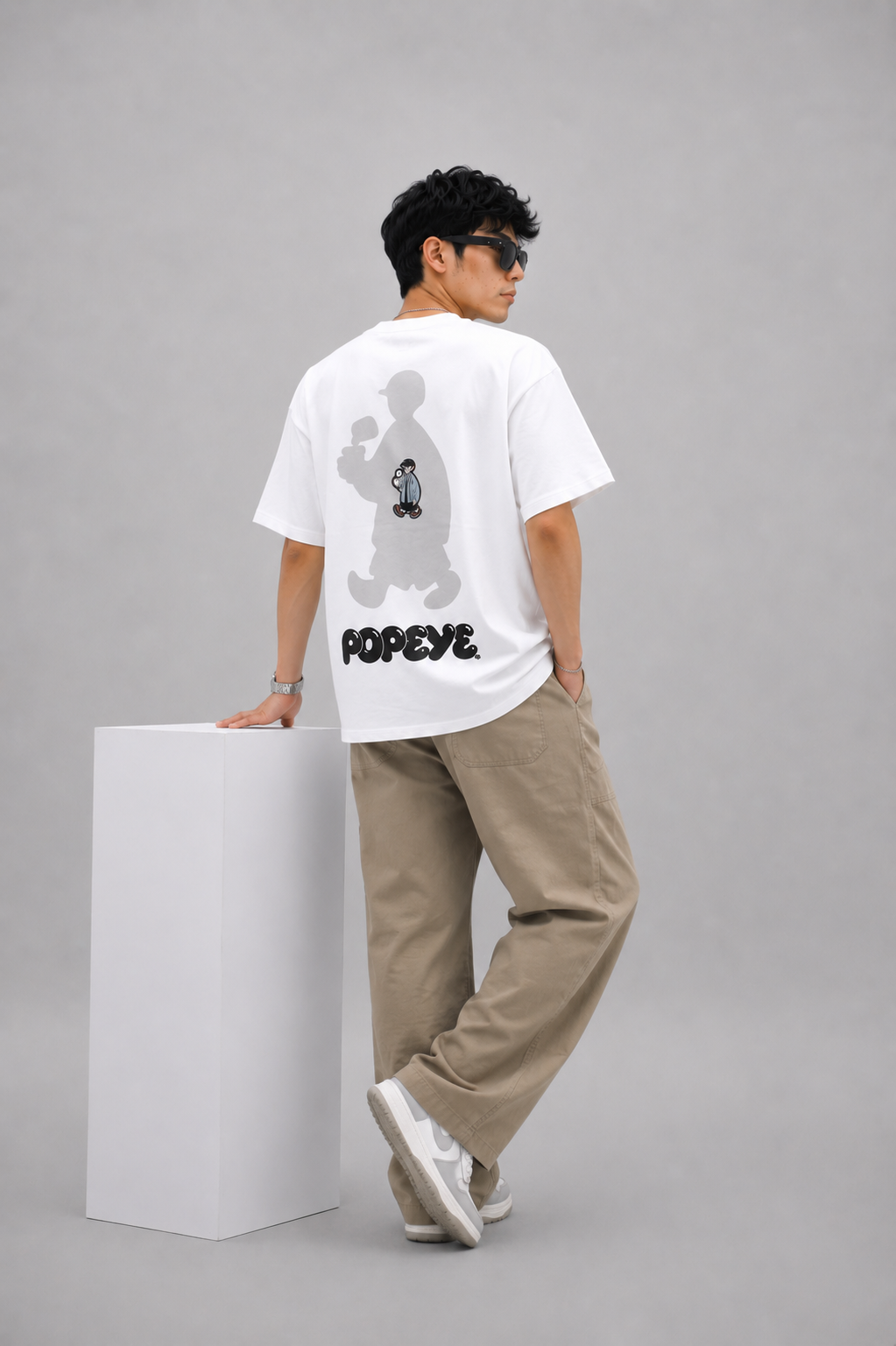 Men's Oversized White Cartoon Popeye T-Shirt
