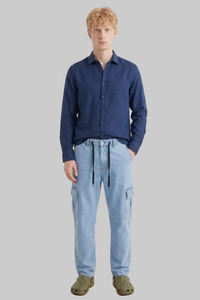 Men's Wide Leg Light Wash Cargo Jeans with Elastic Waist and Side Pockets