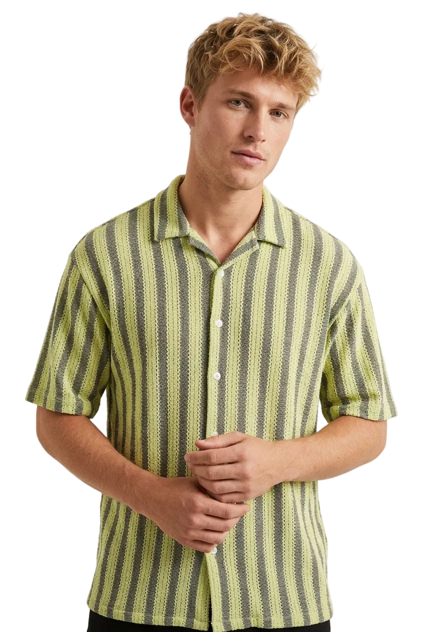 Men's Lime Green and Charcoal Textured Stripe Knit Short Sleeve Camp Collar Shirt