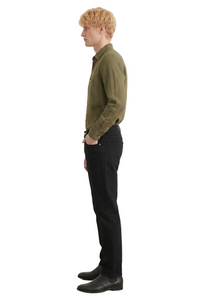 Men's Olive Green Linen Button-Down Shirt and Black Denim Jeans Back View