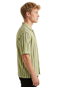 Men's Lime Green and Charcoal Textured Stripe Knit Short Sleeve Camp Collar Shirt