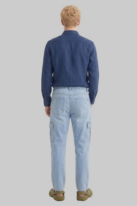 Men's Wide Leg Light Wash Cargo Jeans with Elastic Waist and Side Pockets