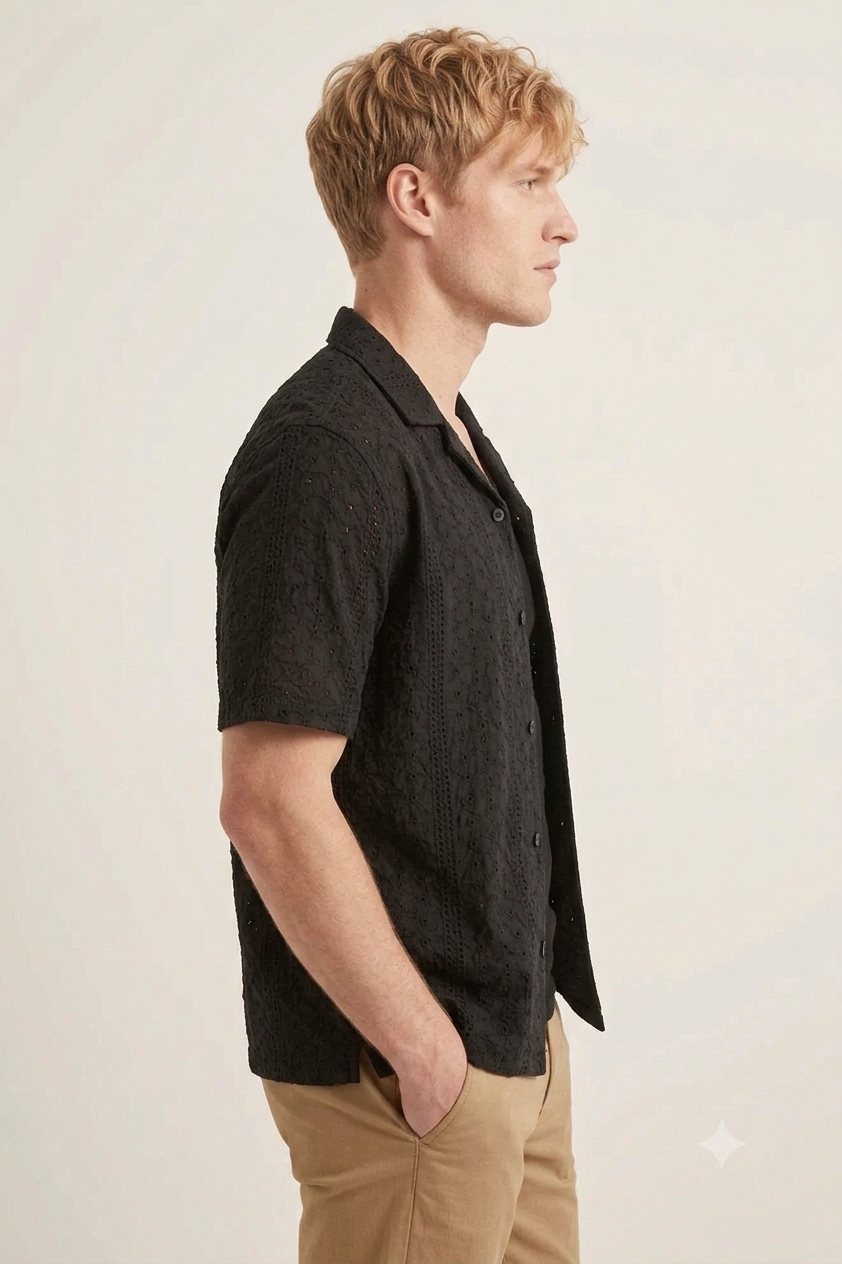 Men's Premium Black Cotton-Blend Eyelet Knit Short Sleeve Shirt – Structured Cuban Collar, Slim Fit, Minimalist Texture for Elevated Summer Style