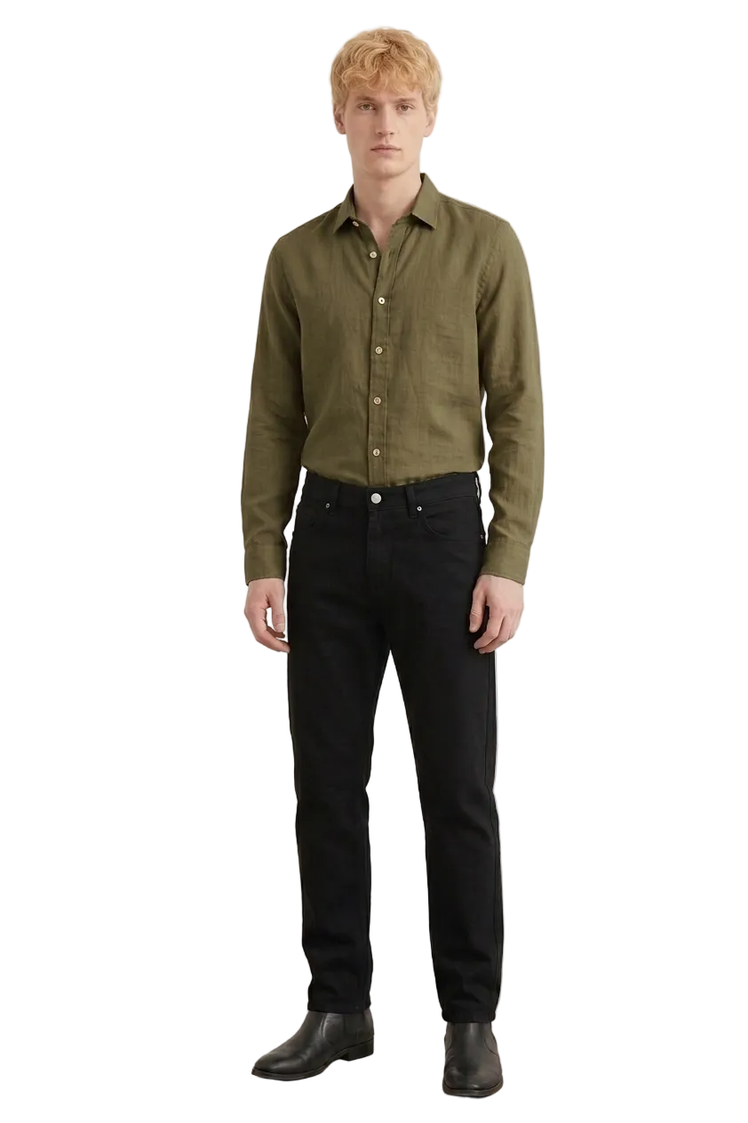 Men's Olive Green Linen Button-Down Shirt and Black Denim Jeans Back View