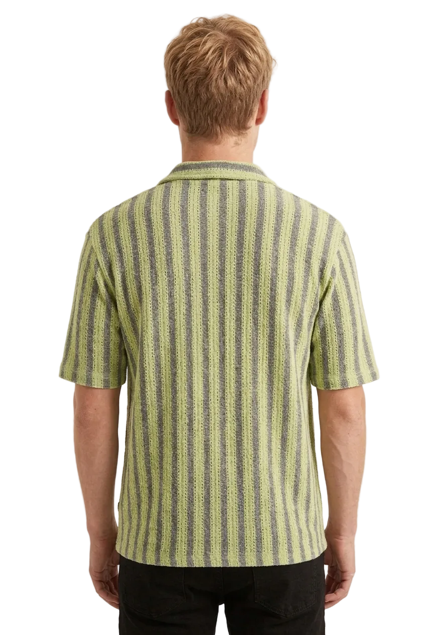 Men's Lime Green and Charcoal Textured Stripe Knit Short Sleeve Camp Collar Shirt