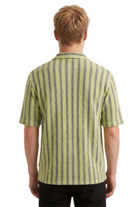 Men's Lime Green and Charcoal Textured Stripe Knit Short Sleeve Camp Collar Shirt