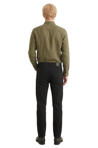 Men's Olive Green Linen Button-Down Shirt and Black Denim Jeans Back View
