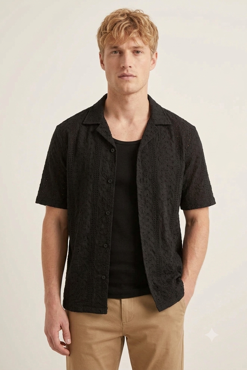 Men's Premium Black Cotton-Blend Eyelet Knit Short Sleeve Shirt – Structured Cuban Collar, Slim Fit, Minimalist Texture for Elevated Summer Style