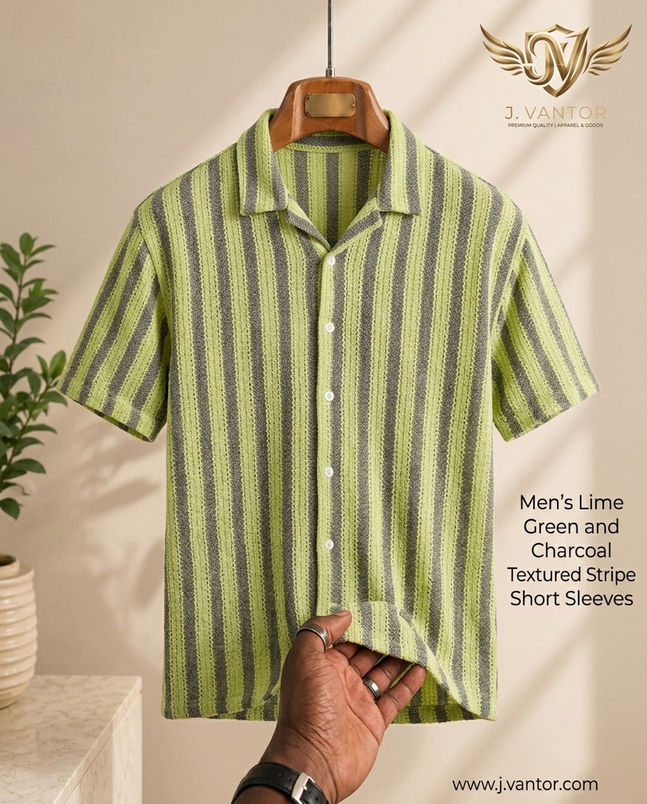Men's Lime Green and Charcoal Textured Stripe Knit Short Sleeve Camp Collar Shirt