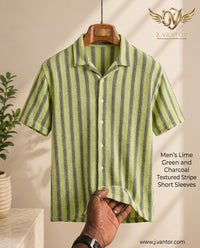 Men's Lime Green and Charcoal Textured Stripe Knit Short Sleeve Camp Collar Shirt